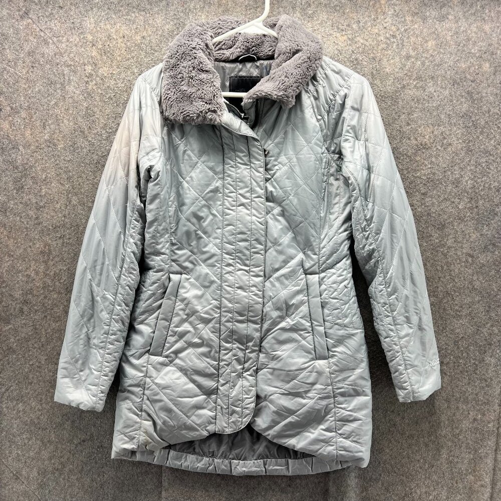 Marmot Jacket Womens XS Gray Quilted Long Coat Faux Fur Collar Winter Soft-shell